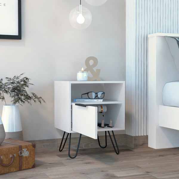 English Elm Vienna Mid-Century Nightstand with Cabinet and Shelves, Sleek Hairpin Legs, Stylish Storage Solution White 26 L x 22 W x 5 H B128P148826