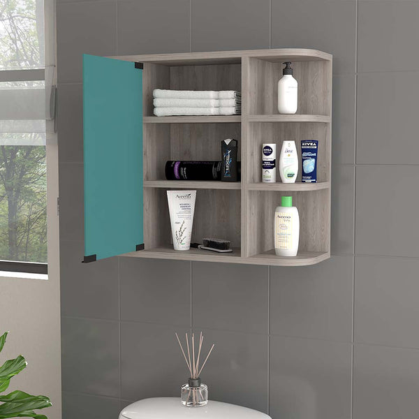 English Elm Valdez Light Gray Medicine Cabinet with Mirror Door, 6 Open Shelves, Water-Resistant Engineered Wood B128P148819