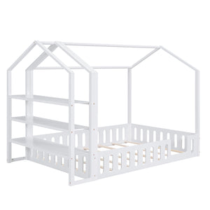 Hearth and Haven Nirvana Full Size House Bed with Fence and Detachable Storage Shelves, White GX000719AAK