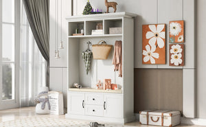 English Elm U-can Entryway Hall Tree with Crown Molding Beadboard Bench and Concealed Cabinet Storage White JY000112AAA