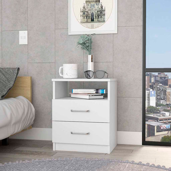 English Elm Oklahoma Compact Nightstand with Open Shelf and Two Smooth-Glide Drawers for Bedroom Storage Solutions White 24 L x 17 W x 6 H B128P148771