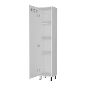 English Elm Clarno Tall Storage Cabinet with Broom Hangers, White Engineered Wood, 4 Shelves, Metal Legs B128P148688