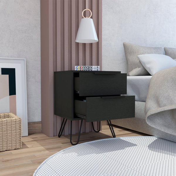English Elm Nuvo modern nightstand with two soft-close drawers and sleek hairpin legs for stylish bedside storage Black 23 L x 22 W x 7 H B128P148765