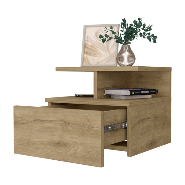 English Elm Augusta Floating Nightstand Wall-Mounted Macadamia Finish with Drawer & 2-Tier Shelf for Small Spaces B128P148658