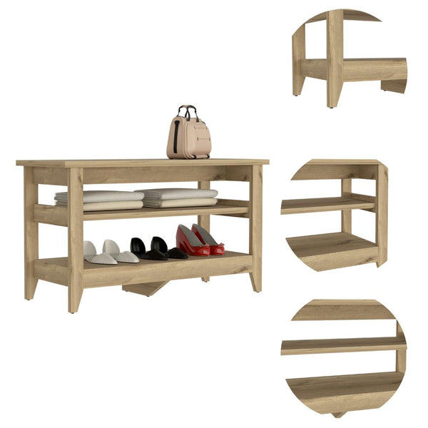 English Elm Vilna Beige Storage Bench with Two Open Shelves and Sturdy Legs — 43.3"W Top, Durable Particleboard B128P148830
