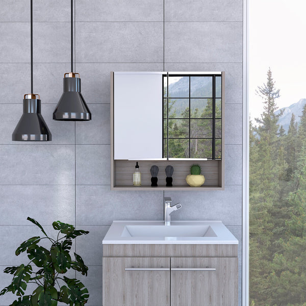 English Elm Ozark Modern 24" Mirrored Medicine Cabinet with Three Interior Shelves and Open Bottom Shelf Light Gray 28 L x 22 W x 5 H B128P148782