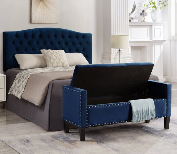 English Elm Upholstered Velvet Storage Bench Tufted Seat Nailhead Trim Armrests Entryway Bedroom Navy W2186139088