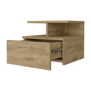 English Elm Augusta Floating Nightstand Wall-Mounted Macadamia Finish with Drawer & 2-Tier Shelf for Small Spaces B128P148658