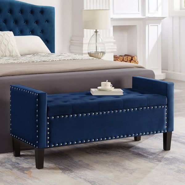 English Elm Upholstered Velvet Storage Bench Tufted Seat Nailhead Trim Armrests Entryway Bedroom Navy W2186139088