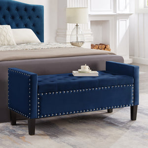 Hearth and Haven Upholstered Tufted Button Storage Bench with Nails Trim, Entryway Living Room Soft Padded Seat with Armrest, Bed Bench -Navy W2186139088