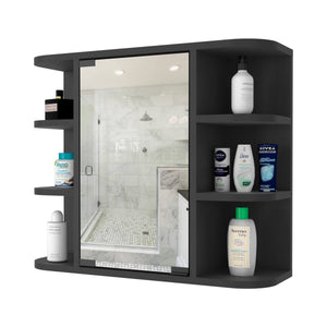 English Elm Valdez Bathroom Medicine Cabinet Mirror with Six Open Shelves and Central Mirrored Door, Durable Black 28 L x 19 W x 5 H B128P148817