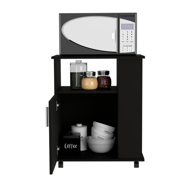 English Elm Clayton Black Wengue Lower Microwave Cabinet with Four Open Shelves, Locking Casters & Storage B128P148900