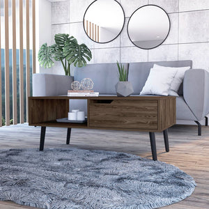 English Elm Hamburg Brown Coffee Table with Engineered Wood Top, Open Shelf & Drawer, Modern Rustic Charm B128P148712