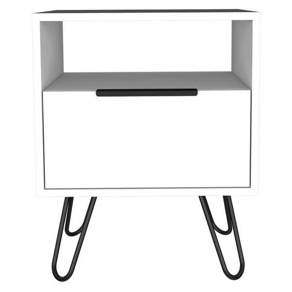 English Elm Vienna Mid-Century Nightstand with Cabinet and Shelves, Sleek Hairpin Legs, Stylish Storage Solution White 26 L x 22 W x 5 H B128P148826