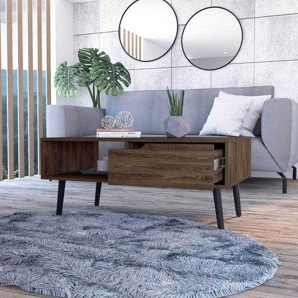 English Elm Hamburg Brown Coffee Table with Engineered Wood Top, Open Shelf & Drawer, Modern Rustic Charm B128P148712