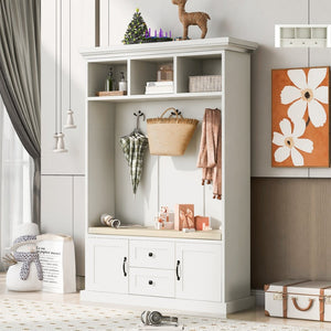 English Elm U-can Entryway Hall Tree with Crown Molding Beadboard Bench and Concealed Cabinet Storage White JY000112AAA