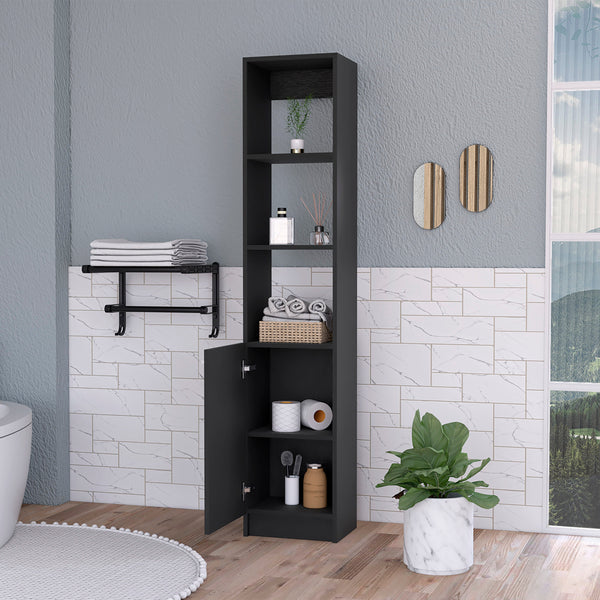 English Elm Kansas Linen Cabinet Black 63.8" Tall Slim Storage with 3 Open Shelves and Lower Concealed Cabinet for Bath B128P148725
