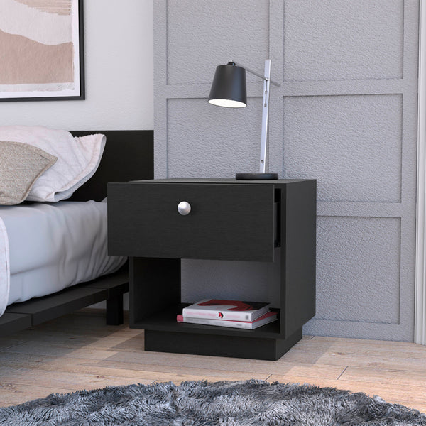 English Elm Sumter Modern 1-Drawer Nightstand with Lower Shelf, Black Particleboard, Compact Storage and Easy-Glide Drawer B128P148811