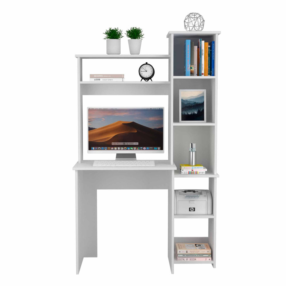 English Elm Nashville Writing Desk with Six Shelves and Spacious Monitor Area, Engineered Wood Storage Solution White 43 L x 32 W x 4 H B128P148945