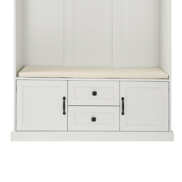 English Elm U-can Entryway Hall Tree with Crown Molding Beadboard Bench and Concealed Cabinet Storage White JY000112AAA