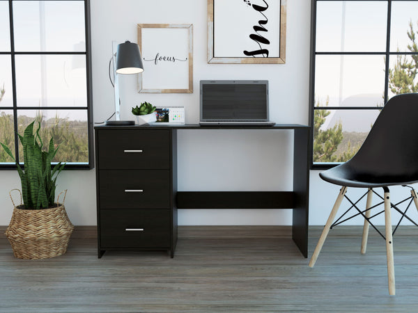 English Elm Berlin Three Drawers Desk — Black Engineered Wood, 47" W Compact Office Desk with Ample Storage Drawers B128P148664