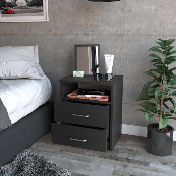 English Elm Oklahoma Black Nightstand with Two Drawers & Open Shelf, 19.9" Engineered Wood, Metal Hardware B128P148772