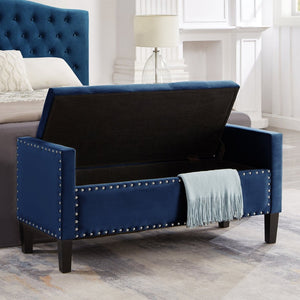 English Elm Upholstered Velvet Storage Bench Tufted Seat Nailhead Trim Armrests Entryway Bedroom Navy W2186139088