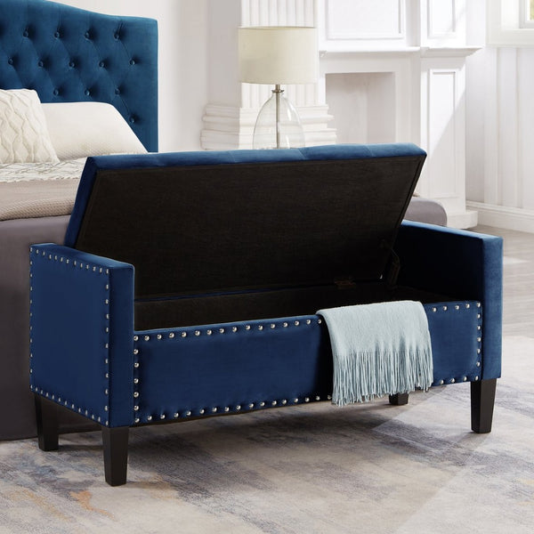 English Elm Upholstered Velvet Storage Bench Tufted Seat Nailhead Trim Armrests Entryway Bedroom Navy W2186139088
