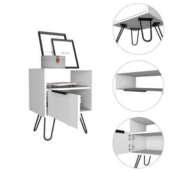 English Elm Vienna Mid-Century Nightstand with Cabinet and Shelves, Sleek Hairpin Legs, Stylish Storage Solution White 26 L x 22 W x 5 H B128P148826