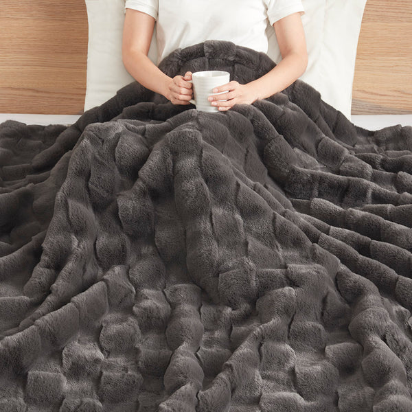 English Elm 50x60" Faux Fur Throw Luxury Basketweave Texture, Neutral Machine Washable, Oeko‑Tex Certified Comfort B035129464