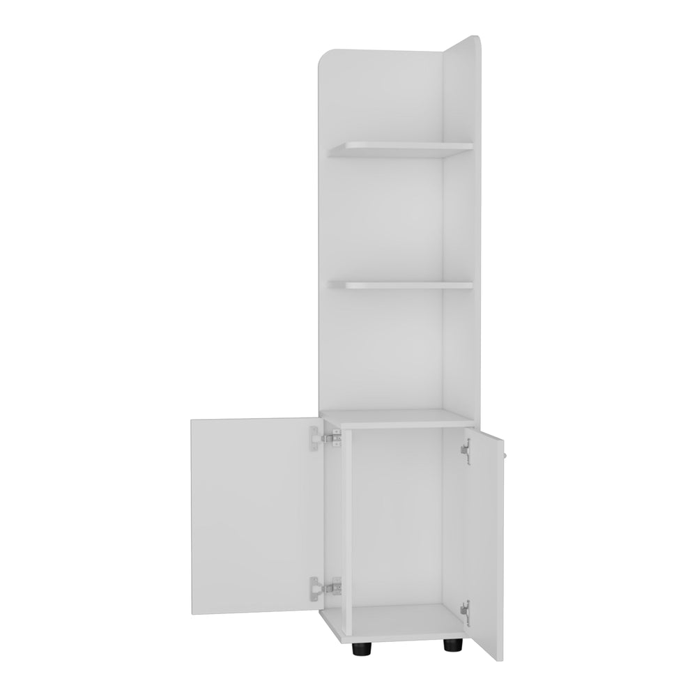 English Elm Sunriver White Corner Shelf with Cabinet - 3-Tier Engineered Wood Storage, Metal Handles, Modern Legs B128P148813