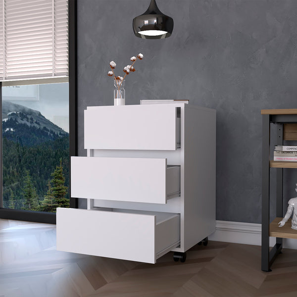 English Elm Vienna Mobile File Cabinet 3-Drawer White – Engineered Wood, Roller Blade Glide, 4 Swivel Wheels, Locking B128P148827