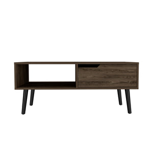 English Elm Hamburg Brown Coffee Table with Engineered Wood Top, Open Shelf & Drawer, Modern Rustic Charm B128P148712