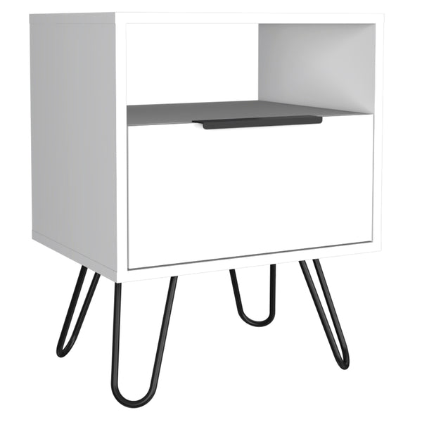 English Elm Vienna Mid-Century Nightstand with Cabinet and Shelves, Sleek Hairpin Legs, Stylish Storage Solution White 26 L x 22 W x 5 H B128P148826