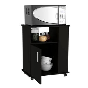 English Elm Clayton Black Wengue Lower Microwave Cabinet with Four Open Shelves, Locking Casters & Storage B128P148900