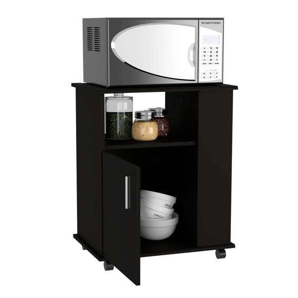 English Elm Clayton Black Wengue Lower Microwave Cabinet with Four Open Shelves, Locking Casters & Storage B128P148900