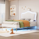 English Elm Twin Size Upholstered Bed Frame With Led Lights, Modern Upholstered Princess Bed With Crown Headboard,White