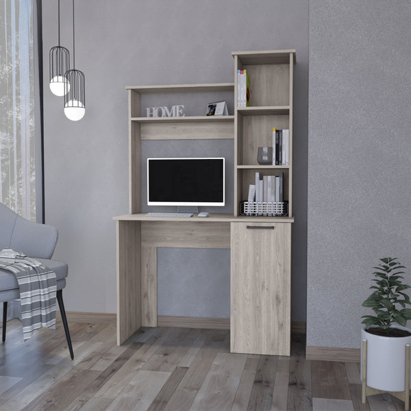 English Elm Rumford Beige Computer Desk with Hutch, 38.7" Work Surface, 3-Tier Shelves & Lower Cabinet Storage - Engineered Wood B128P148804