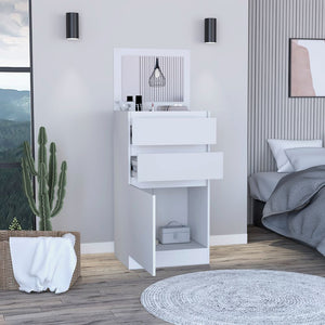 English Elm Celestial chic jewelry dresser with mirror, two drawers and single-door cabinet for elegant storage and decor White 51 L x 26 W x 5 H B128P148686