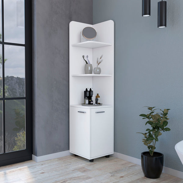 English Elm Sunriver White Corner Shelf with Cabinet - 3-Tier Engineered Wood Storage, Metal Handles, Modern Legs B128P148813