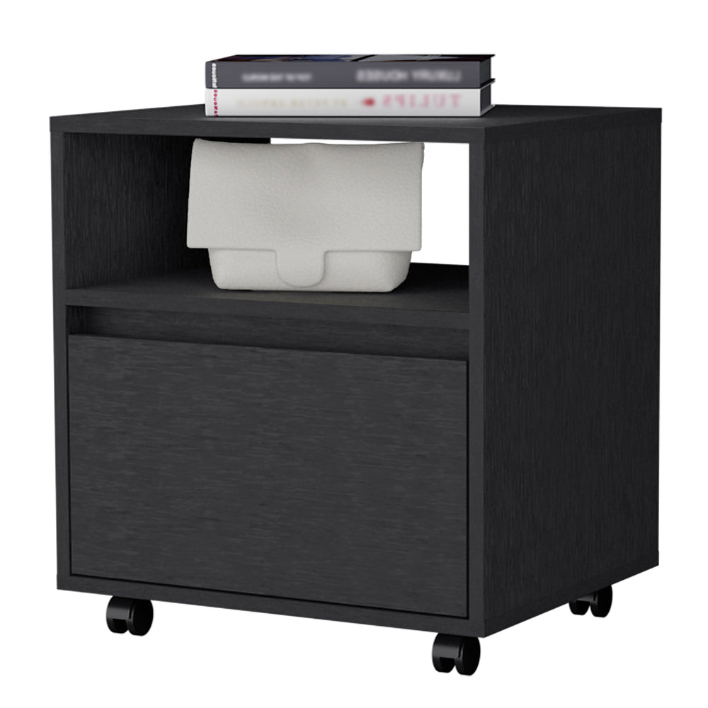 English Elm Duncan Modern Nightstand with Top Open Shelf, Drawer & Casters in Black — Compact Bedroom Storage B128P148707