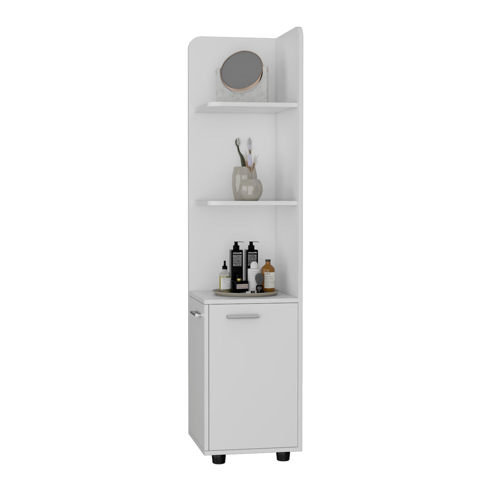 English Elm Sunriver White Corner Shelf with Cabinet - 3-Tier Engineered Wood Storage, Metal Handles, Modern Legs B128P148813