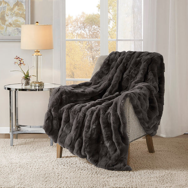 English Elm 50x60" Faux Fur Throw Luxury Basketweave Texture, Neutral Machine Washable, Oeko‑Tex Certified Comfort B035129464
