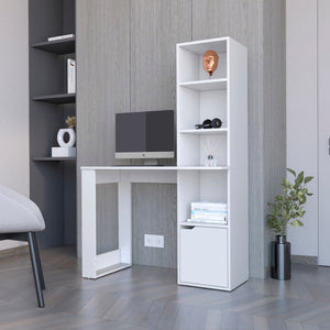 English Elm Anson White Computer Desk with 4-Tier Open Bookcase and 1-Door Cabinet for Organized Workspaces B128P148653