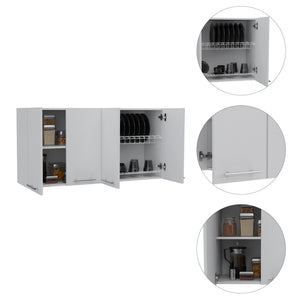 English Elm Sitka Wall Cabinet with Dual Compartments, Four Doors, Built-In Dish & Glass Racks for Kitchens White 51 L x 17 W x 3 H B128P148809