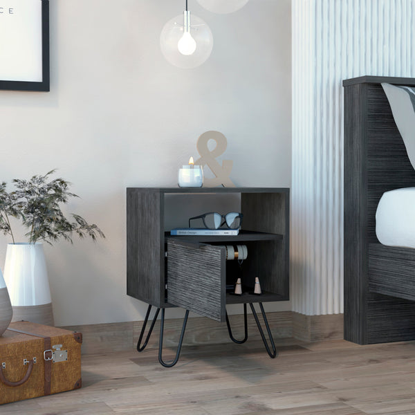 English Elm Vienna Mid-Century Nightstand with Cabinet and Shelves, Sleek Hairpin Legs, Stylish Storage Solution Beige 26 L x 22 W x 4 H B128P148824