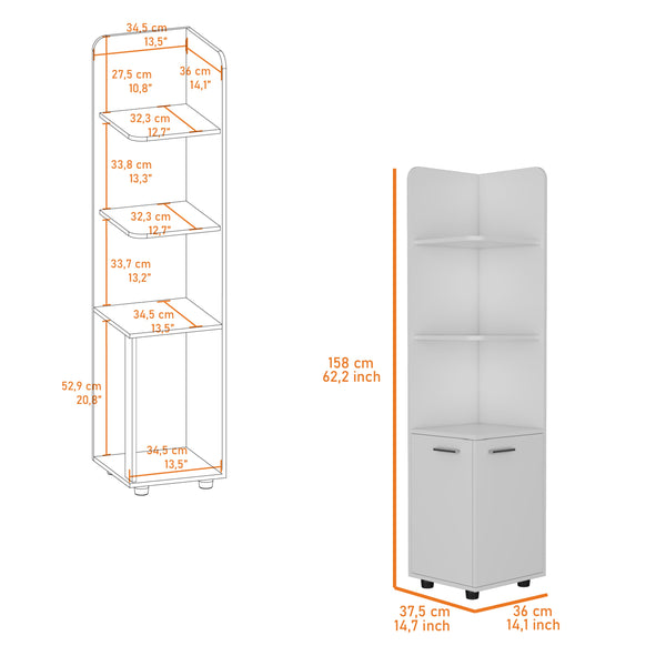 English Elm Sunriver White Corner Shelf with Cabinet - 3-Tier Engineered Wood Storage, Metal Handles, Modern Legs B128P148813