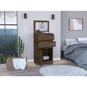 English Elm Celestial chic jewelry dresser with mirror, two drawers and single-door cabinet for elegant storage and decor White 51 L x 26 W x 5 H B128P148686