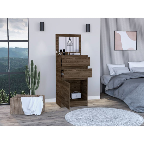 English Elm Celestial chic jewelry dresser with mirror, two drawers and single-door cabinet for elegant storage and decor White 51 L x 26 W x 5 H B128P148686