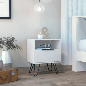 English Elm Vienna Mid-Century Nightstand with Cabinet and Shelves, Sleek Hairpin Legs, Stylish Storage Solution White 26 L x 22 W x 5 H B128P148826